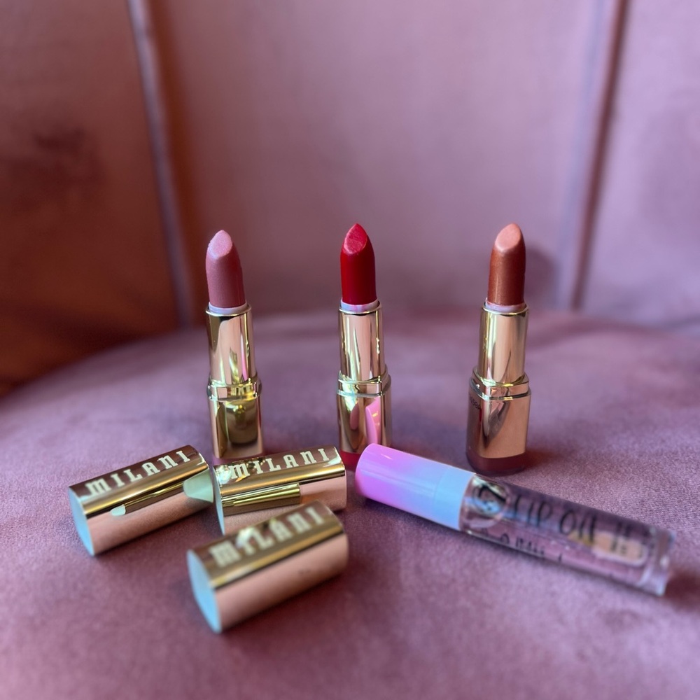 Milani Lipstick Trio - Pink, Red, Bronze and free lipgloss